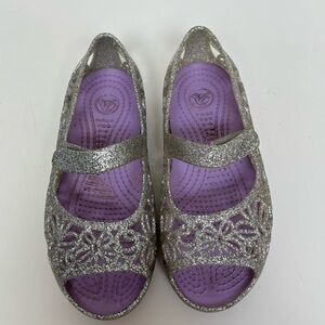 crocs girls sandals size 11 glitery silver and purplele